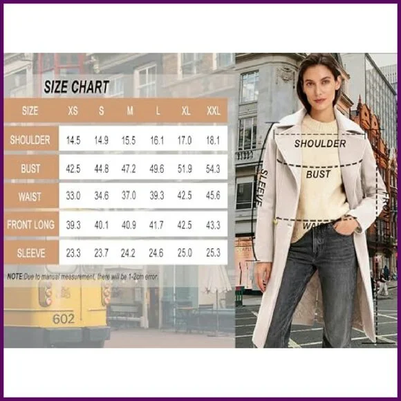 Women's Double-Breasted Peacoat, Notch Lapel, Slim Fit, Over-Knee Length